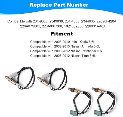 JDMON 4PCS Oxygen O2 Sensor Upstream Downstream Replacement for 2008-2013 Nissan Armada, Pathfinder, Titan 5.6L, Infiniti Qx56 2008-2010 Compatible with 234-9038, 2349038, 234-4835, 2344835 in Saudi Arabia