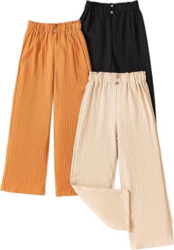 Oyoangle Girl's 3 Pack Back Button Solid Solid Cercist Wide Wide Bants مع جيوب in Saudi Arabia