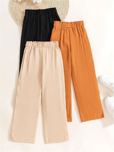 Oyoangle Girl's 3 Pack Back Button Solid Solid Cercist Wide Wide Bants مع جيوب in Saudi Arabia