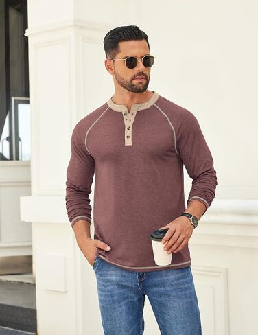 القمصان Coofandy Mens Henley قميص طويل الأكمام الزر غير الرسمي V الرقبة تي شيرت خفيفة الوزن القمصان pulver in Saudi Arabia