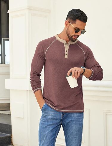 القمصان Coofandy Mens Henley قميص طويل الأكمام الزر غير الرسمي V الرقبة تي شيرت خفيفة الوزن القمصان pulver in Saudi Arabia