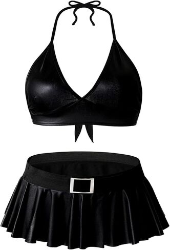 XSPICE Women's Mini Skirt Set for Club Goers, 2 Piece Outfit with Crop Top, Black, S/M & L/XL in Kuwait