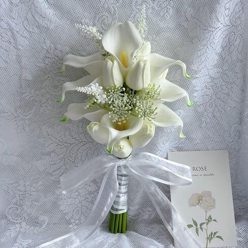 باقة الأزهار 10 زنابق كالا الاصطناعية مع 8 زهور الخزانات الاصطناعية ، باقة وصيفات الشرف مع حفلات حفلات الزفاف مهرجانات الذكرى السنوية للعرائس بيرسال بار الروفة (أبيض) in Kuwait