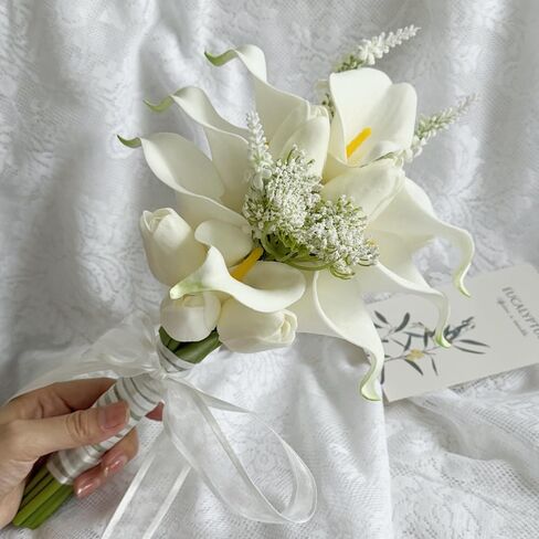 باقة الأزهار 10 زنابق كالا الاصطناعية مع 8 زهور الخزانات الاصطناعية ، باقة وصيفات الشرف مع حفلات حفلات الزفاف مهرجانات الذكرى السنوية للعرائس بيرسال بار الروفة (أبيض) in Kuwait