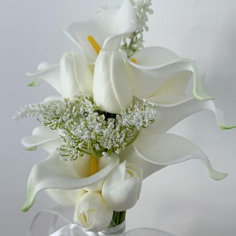 باقة الأزهار 10 زنابق كالا الاصطناعية مع 8 زهور الخزانات الاصطناعية ، باقة وصيفات الشرف مع حفلات حفلات الزفاف مهرجانات الذكرى السنوية للعرائس بيرسال بار الروفة (أبيض) in Kuwait