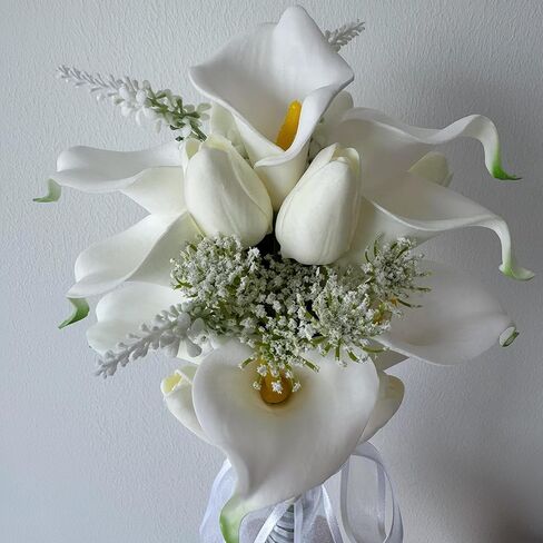 باقة الأزهار 10 زنابق كالا الاصطناعية مع 8 زهور الخزانات الاصطناعية ، باقة وصيفات الشرف مع حفلات حفلات الزفاف مهرجانات الذكرى السنوية للعرائس بيرسال بار الروفة (أبيض) in Kuwait