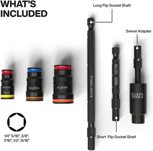 Klein Tools 32984 Impact Flip Socket Set with Swivel Adapter, 6-Piece, 25-Degree Swivel Head, SAE Hex Sizes, Nut Driving, Impact-Rated in Saudi Arabia
