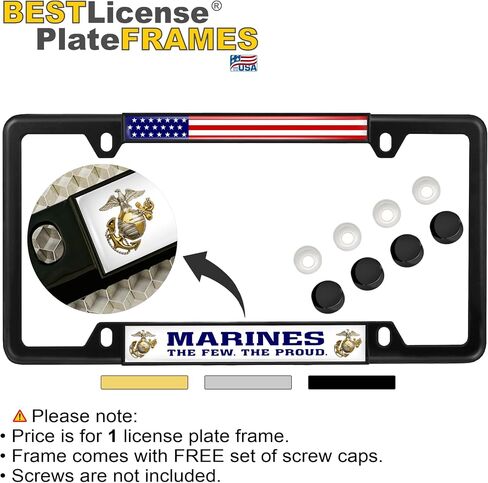 [Officially Licensed USMC Product] - Marines. The Few. The Proud. - Domed Custom-Made Personalized Narrow (Thin) Top 4 Hole Metal Car License Plate Frame with Free caps - Black (Qty: 1 Frame) in Saudi Arabia