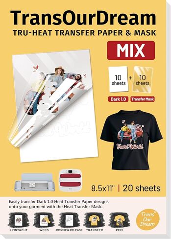 TransOurDream Tru-Heat Transfer Paper for Dark T Shirts (5 Sheets Dark1.0 + 5 Sheets Iron on Transfer Tape, 8.5"x11", Mix Pack) & Clear Heat Transfer Mate for Printable Heat Transfer Vinyl in Kuwait