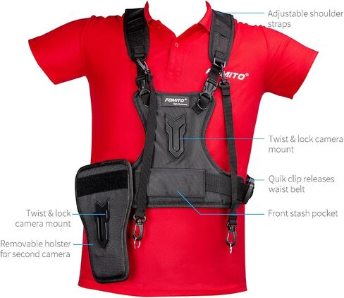 Fomito Dual Camera Harness, Multi Carrying Radio Chest Vest System with Side Holster for Canon 6D 600D 5D2 5D3 for Nikon D90 for Sony A7S for Panasonic for Olympus DSLR Cameras Climbing Wedding Travel in Kuwait