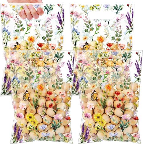 100 Pcs Wildfloral Gift Bags Vintage Wildflower Print Treat Bags with Handles Decorative Wildfloral Plastic Candy Birthday Present for Mother Wedding Party Supplies in Saudi Arabia