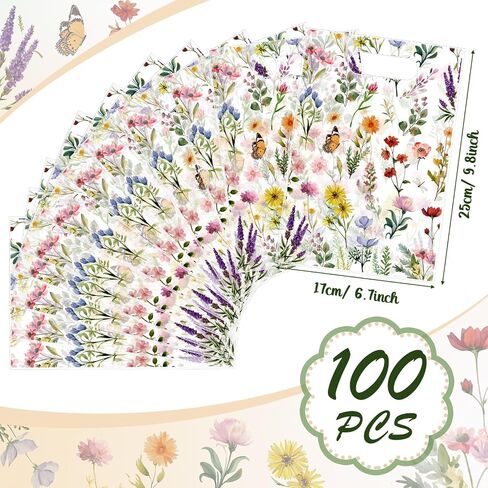 100 Pcs Wildfloral Gift Bags Vintage Wildflower Print Treat Bags with Handles Decorative Wildfloral Plastic Candy Birthday Present for Mother Wedding Party Supplies in Saudi Arabia