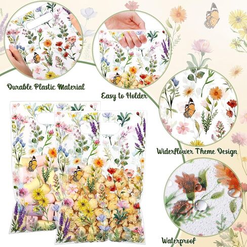 100 Pcs Wildfloral Gift Bags Vintage Wildflower Print Treat Bags with Handles Decorative Wildfloral Plastic Candy Birthday Present for Mother Wedding Party Supplies in Saudi Arabia