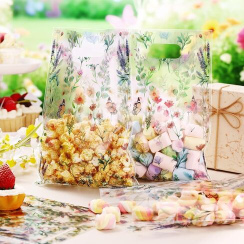 100 Pcs Wildfloral Gift Bags Vintage Wildflower Print Treat Bags with Handles Decorative Wildfloral Plastic Candy Birthday Present for Mother Wedding Party Supplies in Saudi Arabia
