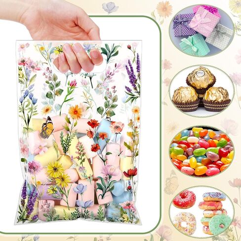 100 Pcs Wildfloral Gift Bags Vintage Wildflower Print Treat Bags with Handles Decorative Wildfloral Plastic Candy Birthday Present for Mother Wedding Party Supplies in Saudi Arabia