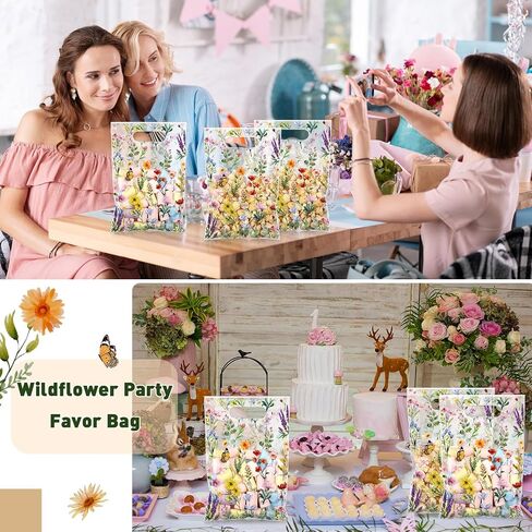 100 Pcs Wildfloral Gift Bags Vintage Wildflower Print Treat Bags with Handles Decorative Wildfloral Plastic Candy Birthday Present for Mother Wedding Party Supplies in Saudi Arabia