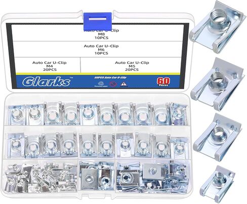 Glarks 60pcs M4 M5 M6 M8 U-Style Clip-On Nuts Set, Carbon Steel Thread Clip Nut, U Nuts Clamp Set, U-Shaped Nut, Automotive U-Clips for Engine, Fender, Bumper, Dash, Interior Trim Panels in Saudi Arabia