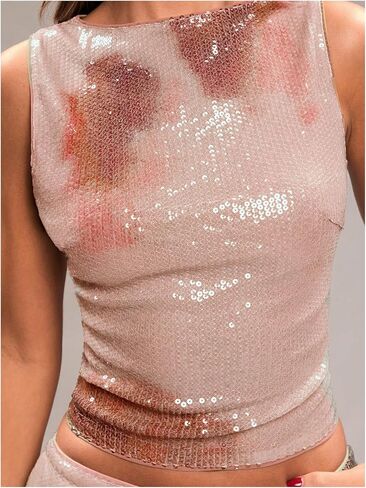 Milumia Women's Sequin Glitter Sleeveless Boat Neck Tank Top Tie Dye Slim Fit Tee Tops in Saudi Arabia