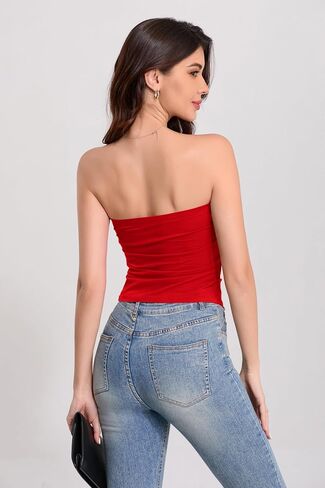 TAIPOVE Women's Tube Top Pima Cotton Summer Strapless Ruched Going Out Bandeau Shirt Asymmetrical Hem Cute Trendy Crop Outfit in Kuwait