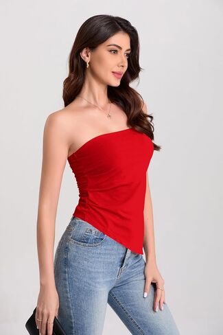TAIPOVE Women's Tube Top Pima Cotton Summer Strapless Ruched Going Out Bandeau Shirt Asymmetrical Hem Cute Trendy Crop Outfit in Kuwait