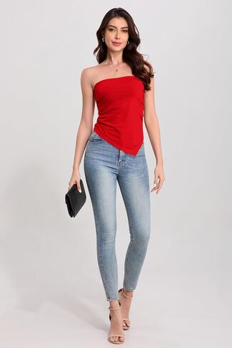 TAIPOVE Women's Tube Top Pima Cotton Summer Strapless Ruched Going Out Bandeau Shirt Asymmetrical Hem Cute Trendy Crop Outfit in Kuwait