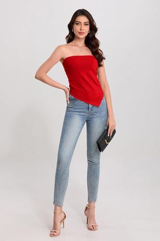TAIPOVE Women's Tube Top Pima Cotton Summer Strapless Ruched Going Out Bandeau Shirt Asymmetrical Hem Cute Trendy Crop Outfit in Kuwait