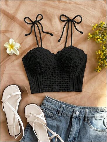 Gorglitter Women's Crochet Bow Tie Tops Tops العصرية بلا أكمام عارية الذروة بوهو بلطف لطيف الصيف الخروج من قمم 2025 in Saudi Arabia