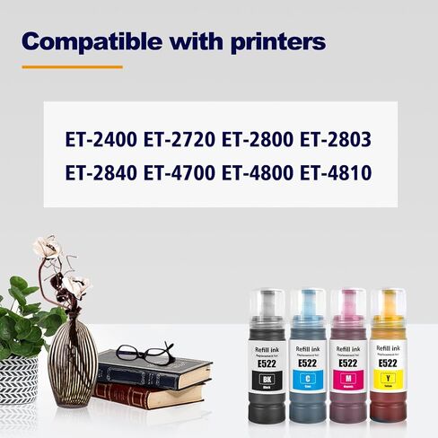 522 T522 زجاجات إعادة ملء الحبر عالية السعة (وليس الحبر التسامي) متوافقة مع EPSON ET-2800 ET-2760 ET-2803 ET-2400 ET-4800 ET-2720 ET-2840 ET-4760 ET-4700 ET-4810 الطابعة (BK C M Y) in Kuwait