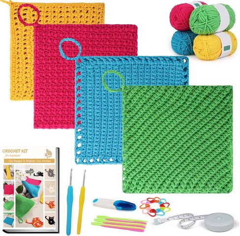 Aeelike Crochet Kit for Beginners Kids ، Easy Crochet Kit Learn To Crochet Dishcloth with Yarns Conisian Crochet Hooks Ergansed Bealded ، Confuls Crochet Starter Kit ، Continful in Kuwait