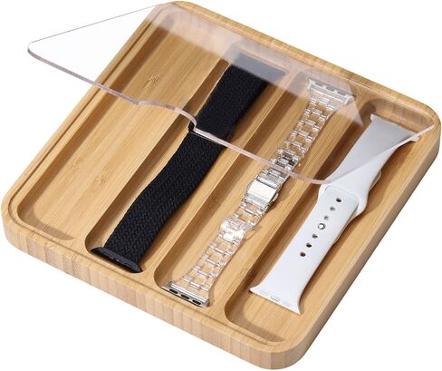 Globleland 4 فتحات Wooden Watch Band Case Watch Band Organizer لمشاهدة شاشة عرض مراقبة علبة تخزين مع الغطاء العلوي الأكريليك 7.5x7.5x0.7inch in Saudi Arabia