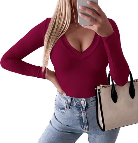 Prettygarden قمصان طويلة الأكمام للنساء 2025 Fall Fashion Out Tops Tee Basic Deep V Neck Slim Fit Y2K Clothes in Kuwait