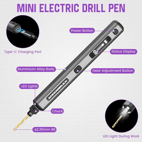 AM ARROWMAX 5-Speed Mini Electric Drill Pen with Benchtop Press, 10 Small Bits with Aluminium Box, LED Lights, OLED Display, Resin Drill Set For Jewelry Making, Plastic, Wood in Kuwait