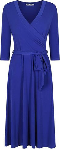 Women's #MadeInUSA 3/4 Sleeve Faux Wrap Midi Dress Knee Length Summer Wedding Guest Party Bridal Baby Shower Maternity Nursing 3zSiQN Fuchsia L in Saudi Arabia