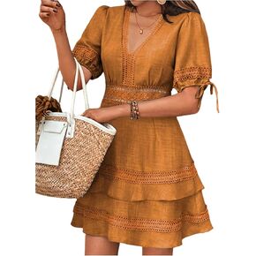 SOLY HUX Women's Summer Dress Hollow Out Lace V Neck Puff Short Sleeve A Line Layered Short Dresses in Saudi Arabia