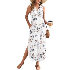 MOLERANI Women's Casual V Neck Maxi Dress Summer Long Sleeveless Sundress with Button 2025 Loose Fit Pockets in Kuwait