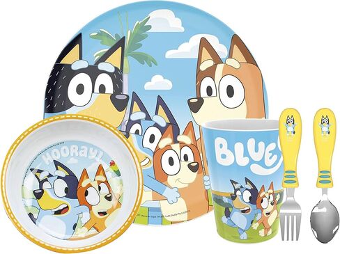 Zak Designs 5-Piece Dinnerware Set, Bluey - Durable Plastic & Stainless Steel - Includes Water Bottle, 8-Inch Plate, 6-Inch Bowl, Fork & Spoon - Suitable for Kids Ages 3+ in Saudi Arabia