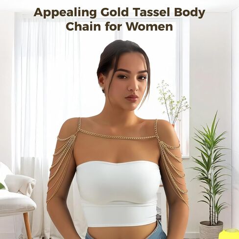 Gold Tassel Body Chain for Women, Layered Shoulder Chain Jewelry, Adjustable Shawl Necklace, Perfect for Weddings, Parties, and Fashion Accessories in Saudi Arabia