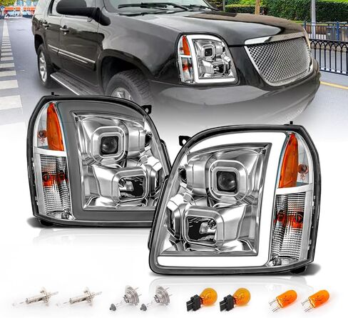 AmeriLite for 2007-2014 GMC Yukon/Yukon XL Denali/Yukon Hybrid Chrome LED Tube Square Projector Headlights Set - Passenger and Driver Side in Saudi Arabia