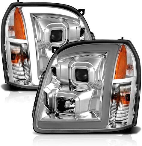 AmeriLite for 2007-2014 GMC Yukon/Yukon XL Denali/Yukon Hybrid Chrome LED Tube Square Projector Headlights Set - Passenger and Driver Side in Saudi Arabia
