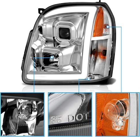AmeriLite for 2007-2014 GMC Yukon/Yukon XL Denali/Yukon Hybrid Chrome LED Tube Square Projector Headlights Set - Passenger and Driver Side in Saudi Arabia
