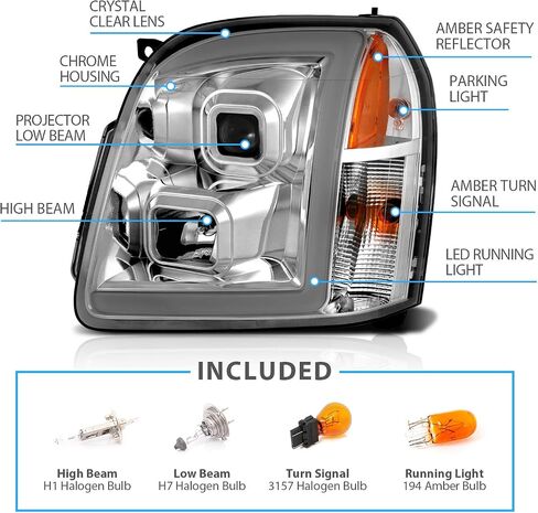 AmeriLite for 2007-2014 GMC Yukon/Yukon XL Denali/Yukon Hybrid Chrome LED Tube Square Projector Headlights Set - Passenger and Driver Side in Saudi Arabia