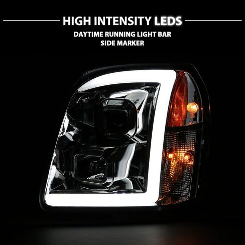 AmeriLite for 2007-2014 GMC Yukon/Yukon XL Denali/Yukon Hybrid Chrome LED Tube Square Projector Headlights Set - Passenger and Driver Side in Saudi Arabia