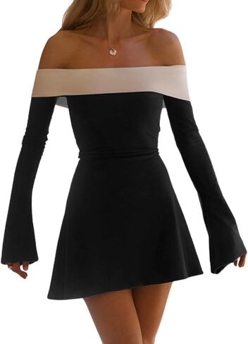 Women Sexy Off Shoulder Color Block Mini Dress Long Sleeve A-Line Slim Fit Patchwork Contrast Short Dress Party in Kuwait