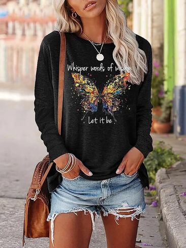 كلمات تهمس المرأة من الحكمة دعها تكون رسومات الفراشة tshirt مع أقواس مضحكة طاقم الرقبة طويلة الأكمام تي شيرت in Kuwait