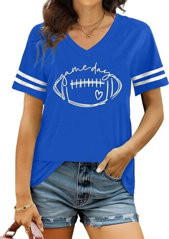 قمصان كرة القدم للنساء: يوم لعبة Tshirt موسم كرة القدم الرسوم البيانية يوم الأحد Funday Short Sleeve V Top Top in Kuwait
