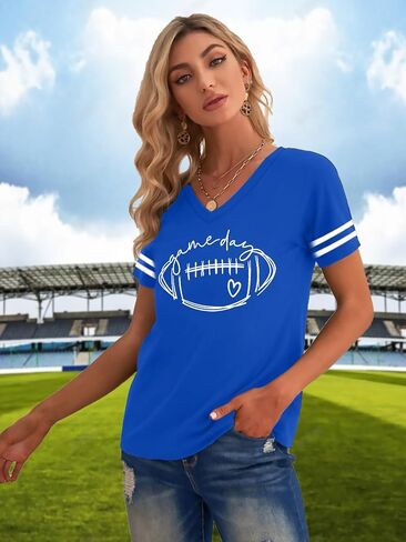 قمصان كرة القدم للنساء: يوم لعبة Tshirt موسم كرة القدم الرسوم البيانية يوم الأحد Funday Short Sleeve V Top Top in Kuwait