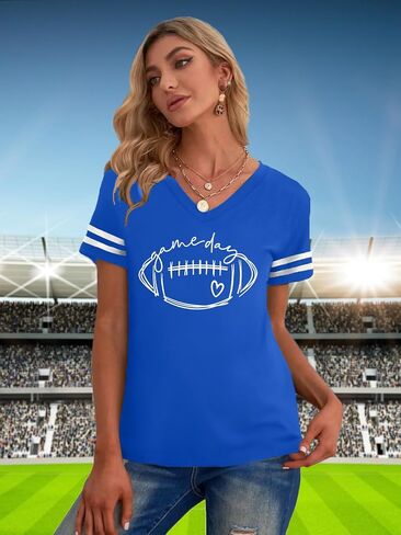 قمصان كرة القدم للنساء: يوم لعبة Tshirt موسم كرة القدم الرسوم البيانية يوم الأحد Funday Short Sleeve V Top Top in Kuwait