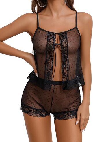 Avidlove Lingerie for Women Sexy Pajamas Sheer Open Front Sleepwear Lace Polka Dot Cami Shorts Set 2 piece in Saudi Arabia