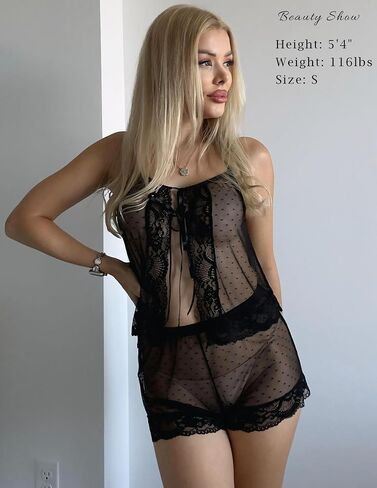 Avidlove Lingerie for Women Sexy Pajamas Sheer Open Front Sleepwear Lace Polka Dot Cami Shorts Set 2 piece in Saudi Arabia
