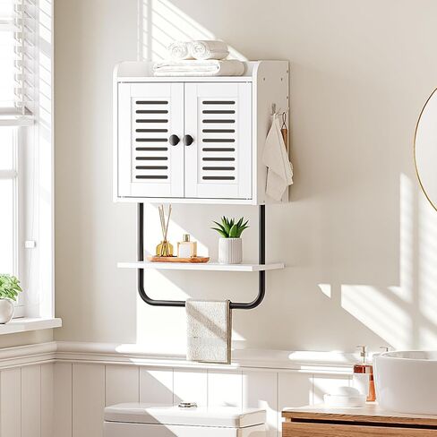 HOOBRO Medicine Cabinet, Double Doors Bathroom Wall Cabinet with Towel Bar, Adjustable Shelf, 2 Hooks, Over The Toilet Storage Cabinet, for Bedroom, Kitchen, Rustic Brown BF46CW01 in Kuwait